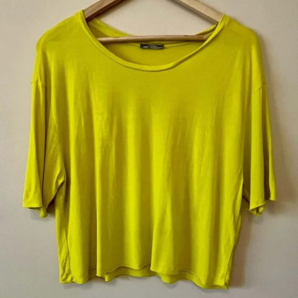 Zara| Fun Lemon-Lime Cropped Scoop Neck Short Sleeve T-Shirt Size Large